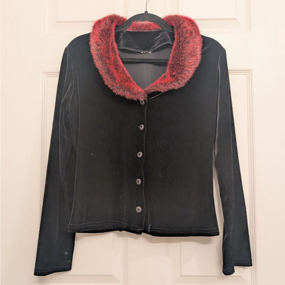 Unbranded Jackets & Blazers - Y2K Whimsigoth Black Velvet Cardigan Jacket | Red Fur Collar Gothic Coquette L